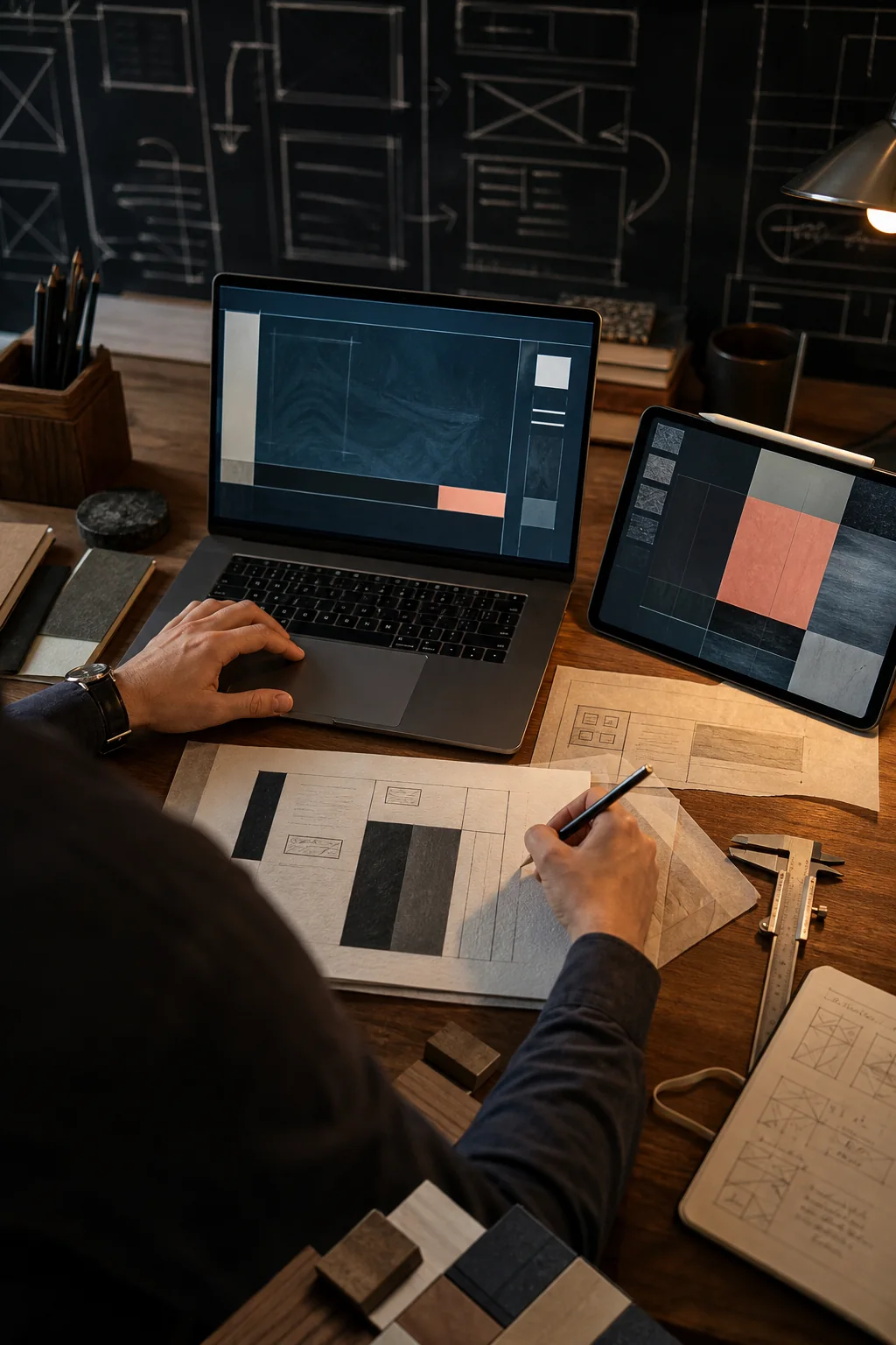 Diseñador trabajando entre bocetos, tableta y computadora